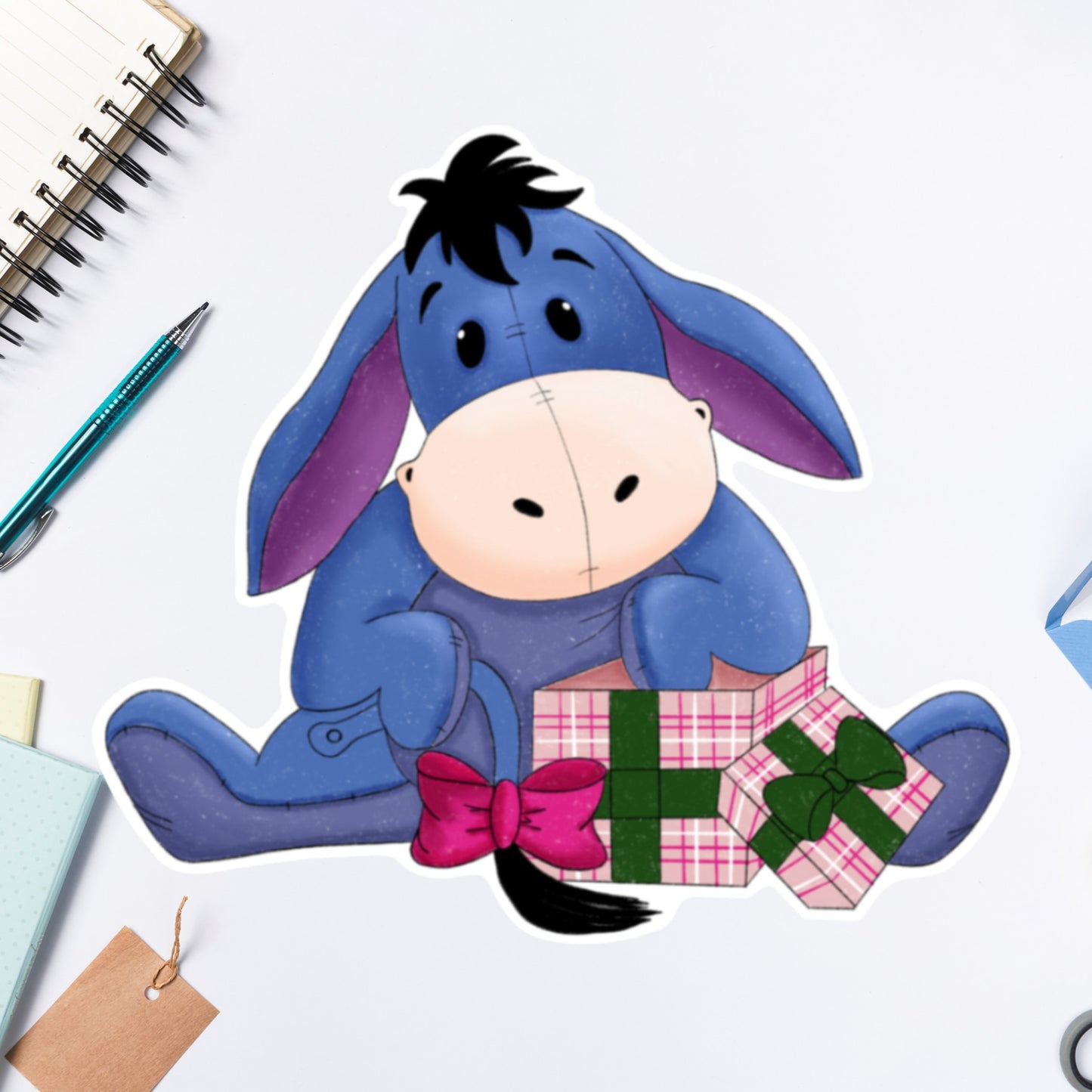 Eyore opens gifts Die cut sticker