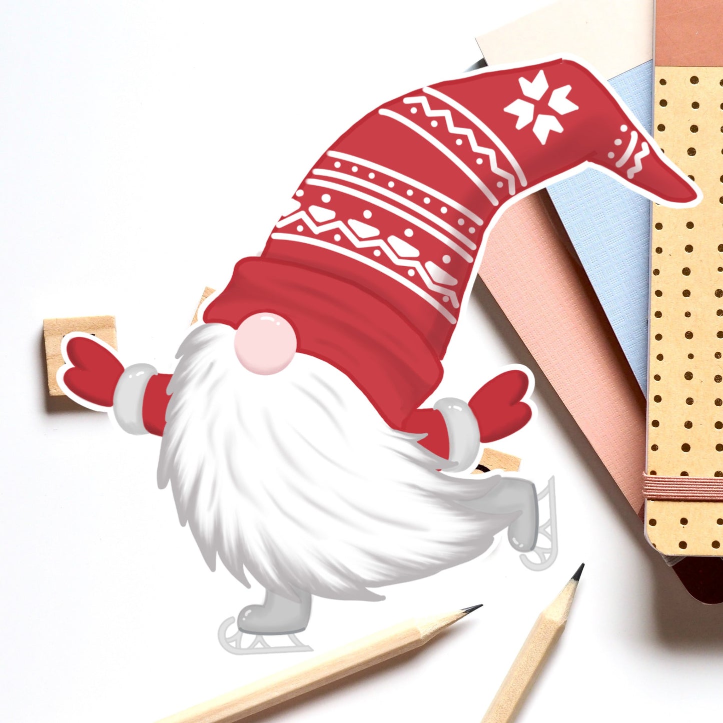 Ice Skating Gnome, Die cut sticker