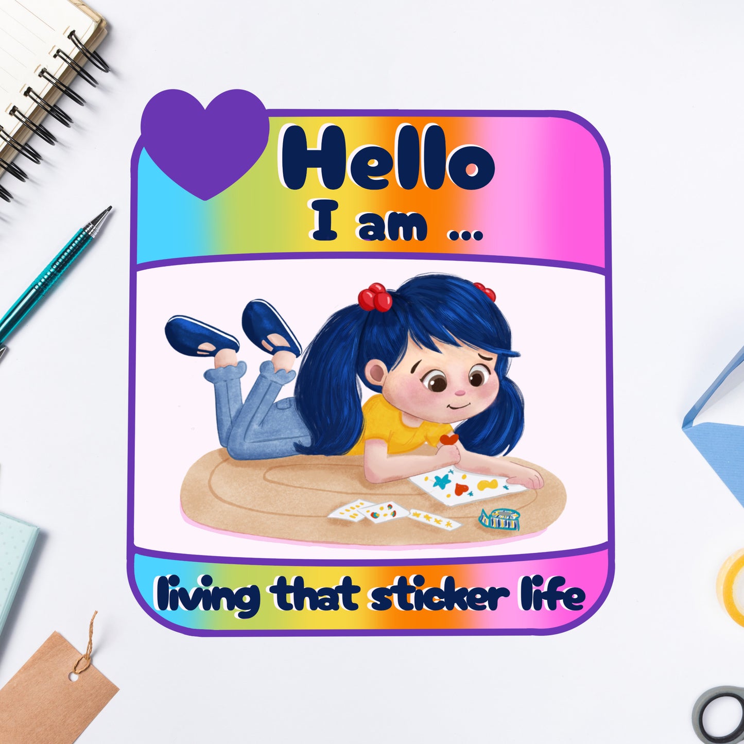 image of die cut sticker. Sticker book with cartoon girl and text 'Hello I am... living that sticker life' on a colorful background.