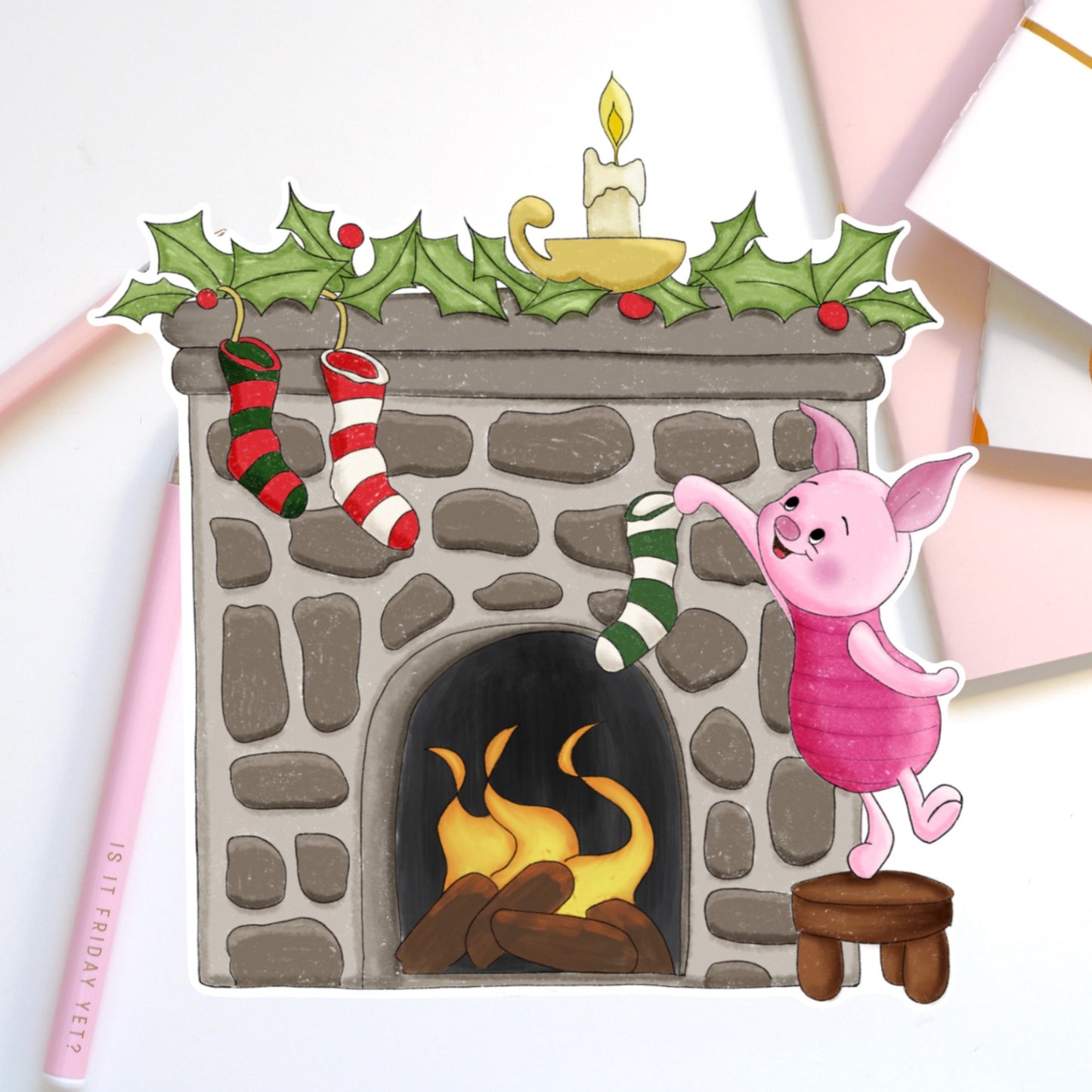 Piglet hangs stockings Die cut sticker