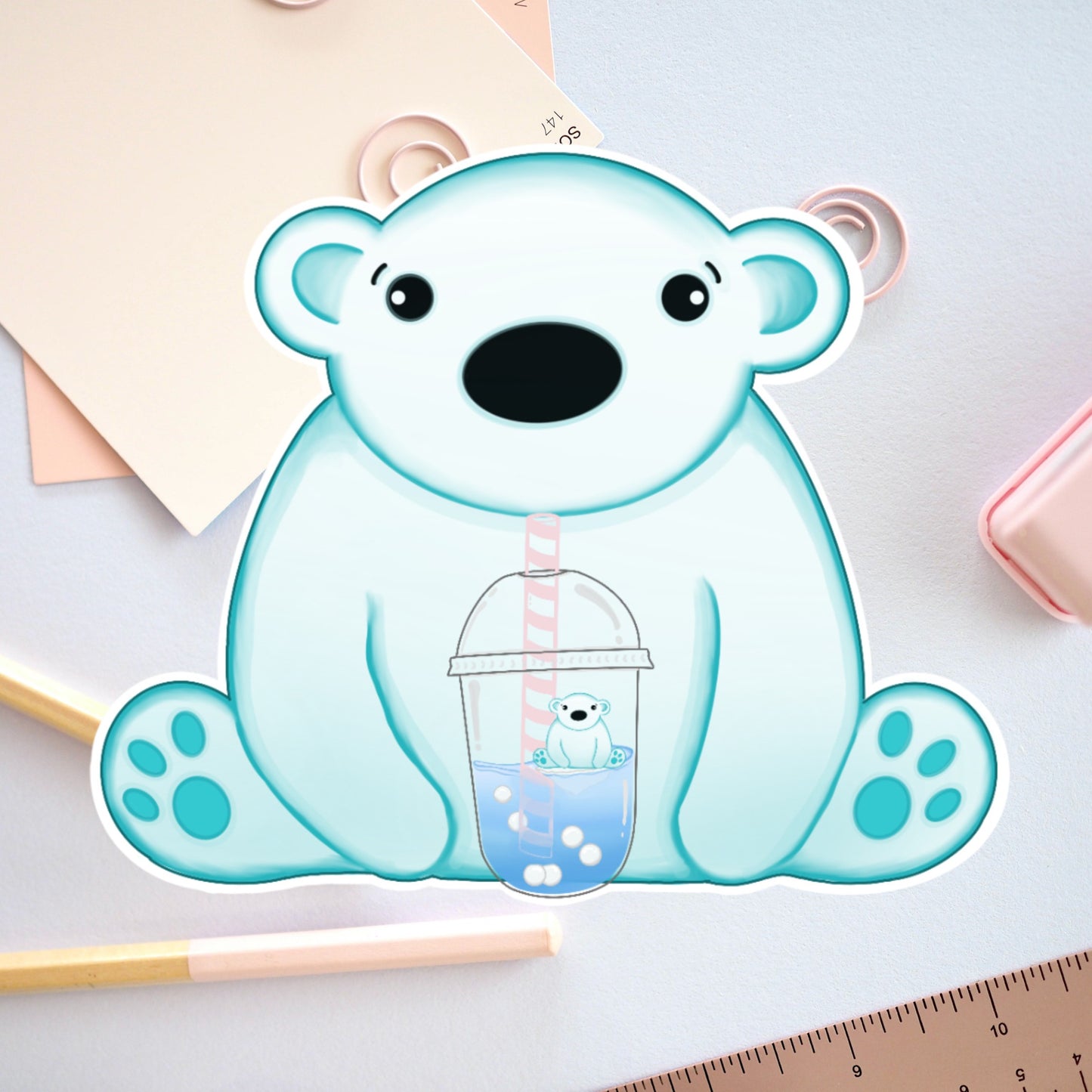 Polar Bear drinks boba Die cut sticker