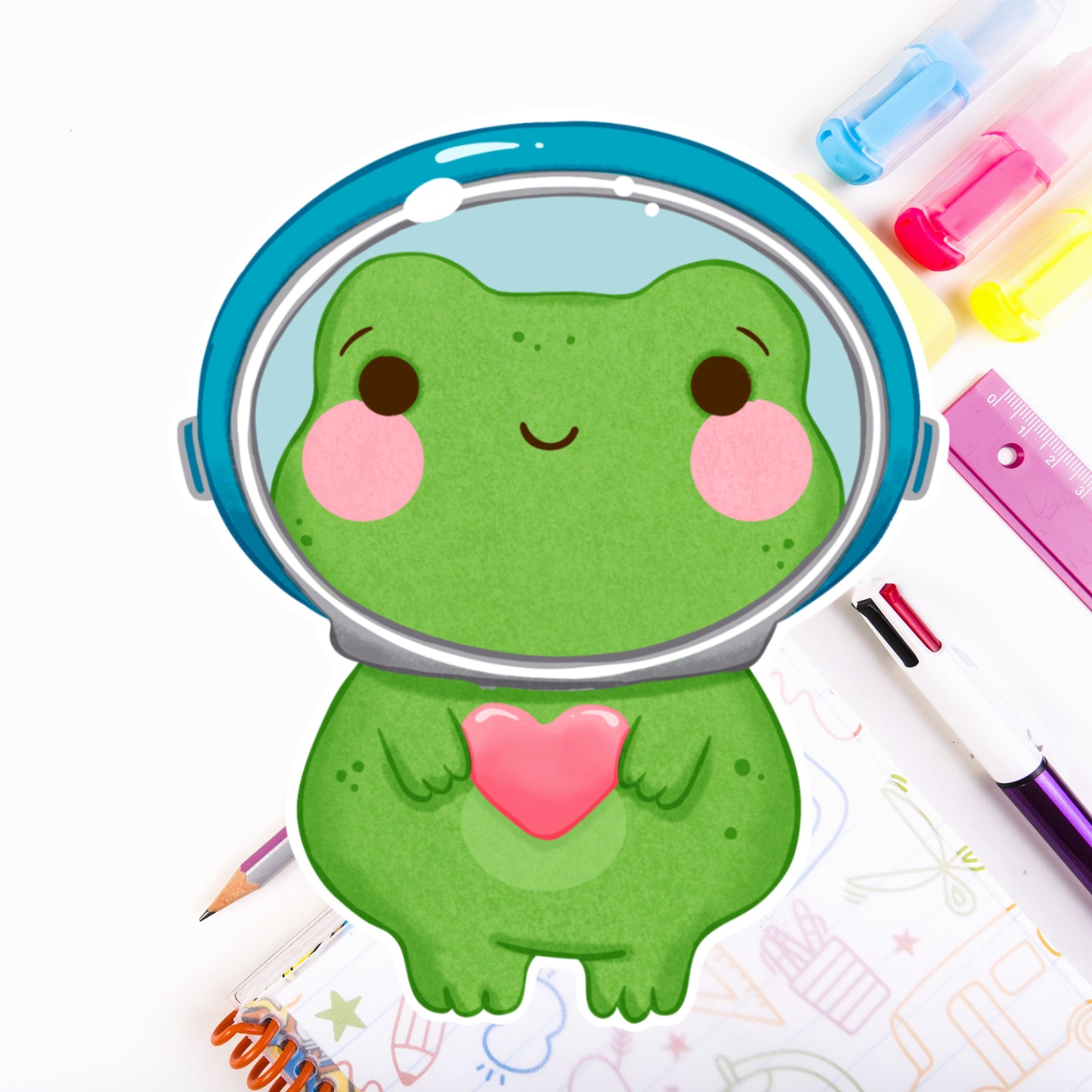 Ribbitz the astronaut with a big heart -Die cut sticker
