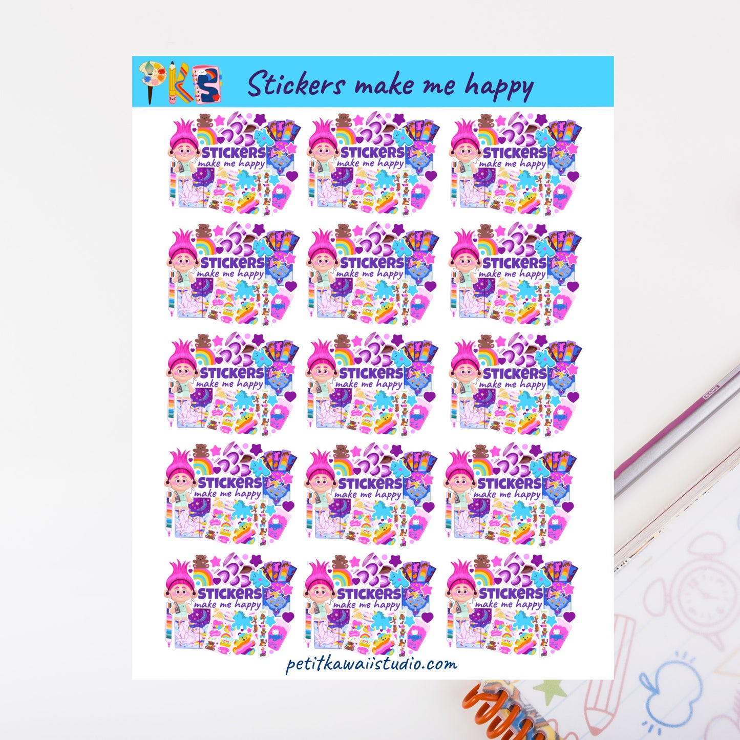 Sheet of colorful stickers with 'Stickers make me happy' text on a white background.