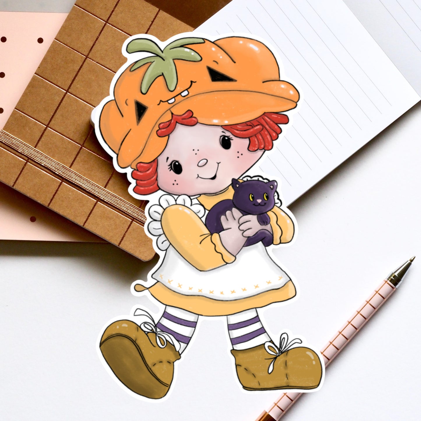 Spooky Retro 80s doll pumpkin hat- Diecut Sticker