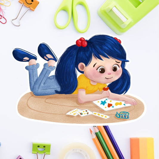 Illustration for a diecut sticker: of a girl with blue hair lying on a floor rug stickering her heart out.