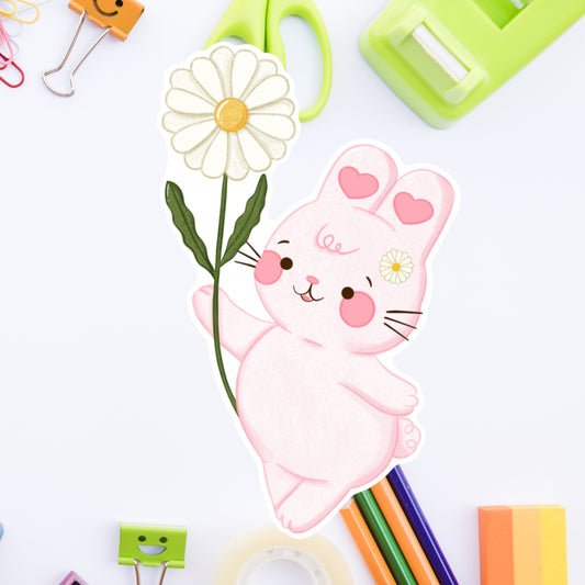 Cotton Candy Bunny loves daisies- Diecut sticker