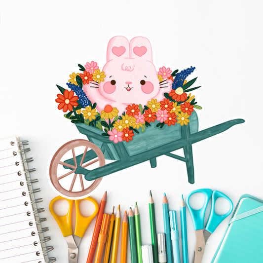 Cotton Candy Bunny in a barrel of flowers- Diecut sticker