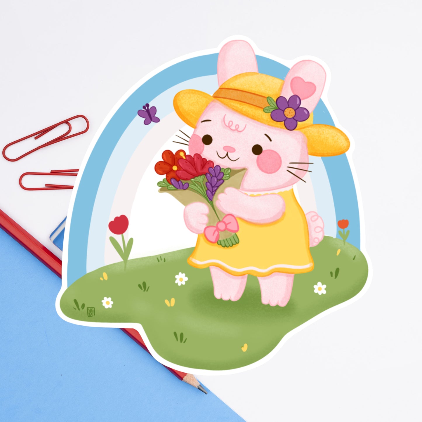 Cotton Candy Bunny under the rainbow- Die cut sticker