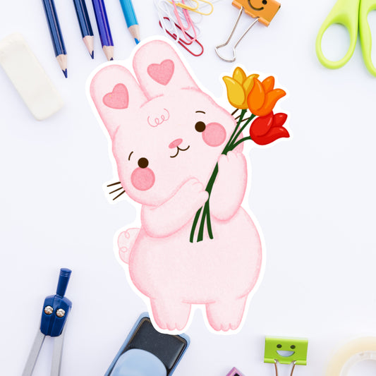 Cotton Candy Bunny loves tulips- Die cut sticker