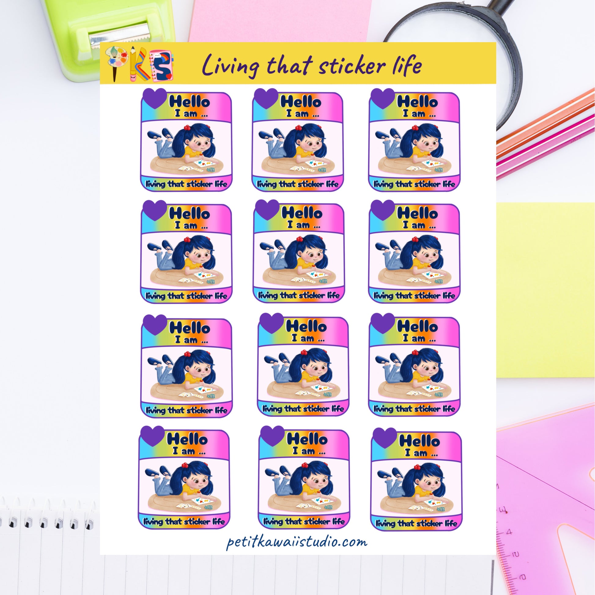 image of sticker sheet- Set of colorful stickers with a girl design on a white background, labeled 'Living that sticker life'.