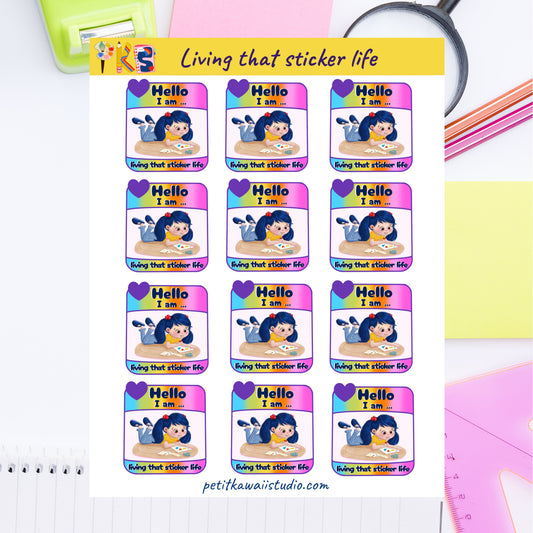 image of sticker sheet- Set of colorful stickers with a girl design on a white background, labeled 'Living that sticker life'.