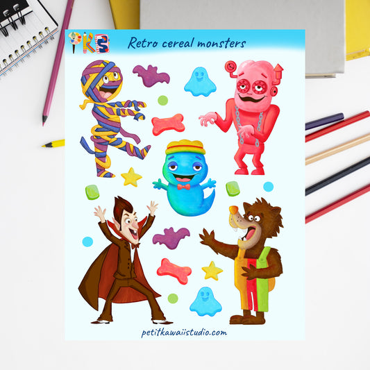 Retro cereal monsters sticker sheet