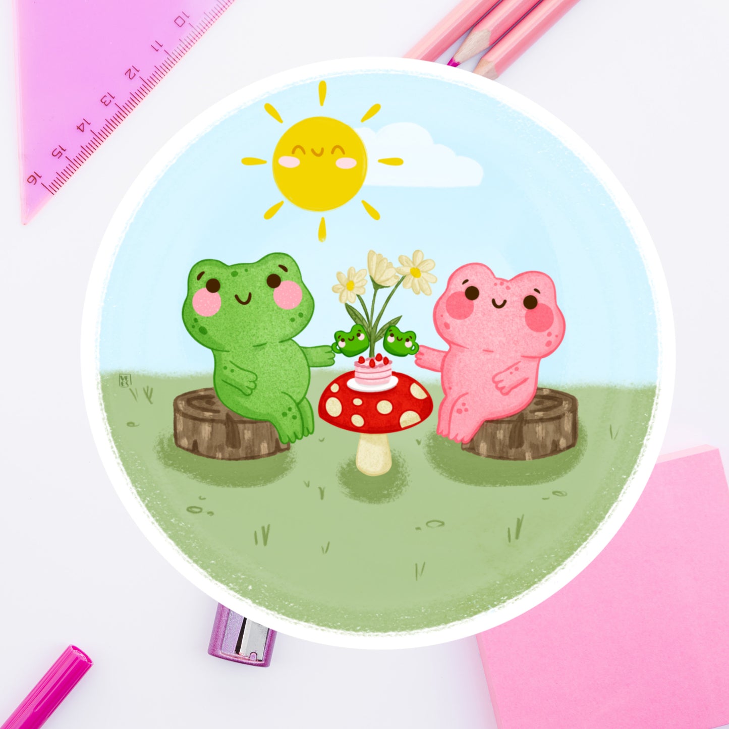 Ribbitz and Lily have tea- Round Diecut sticker