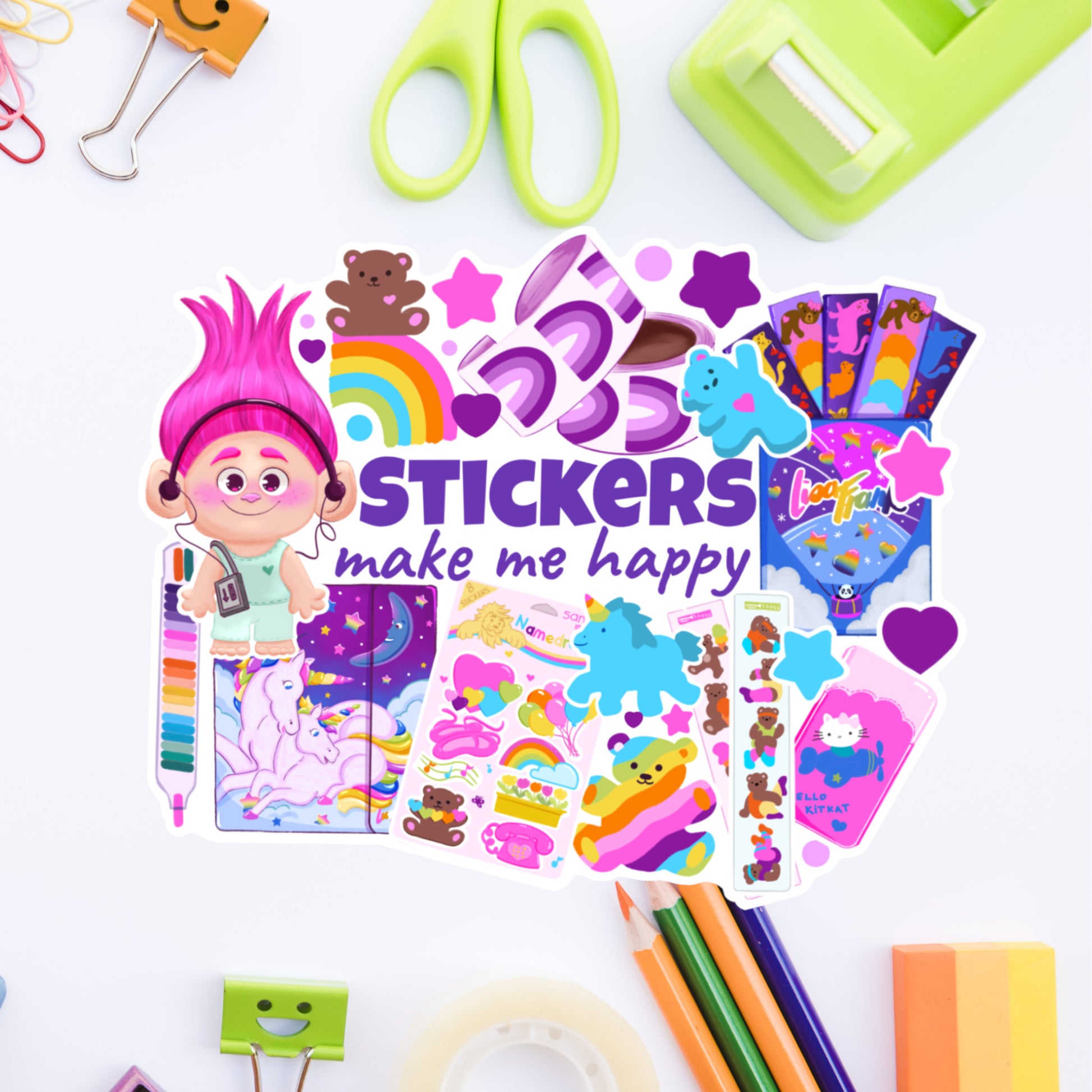 image of dicut sticker- Colorful stickers with a cartoon character and text 'STICKERS make me happy' on a white background with stationery items.
