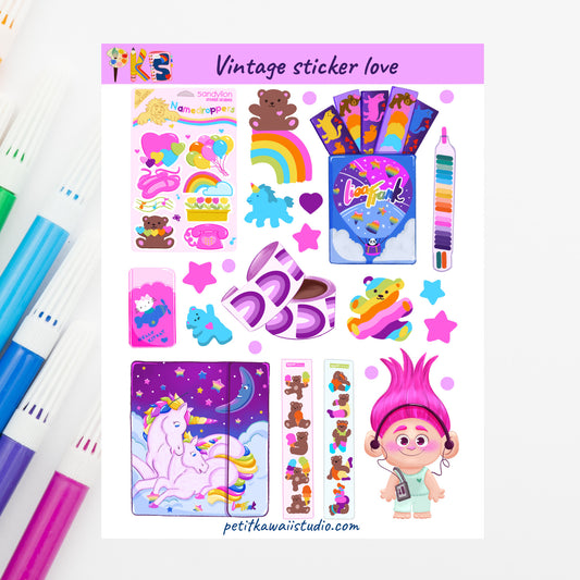 image of sticker sheet.  Collection of colorful stickers and stationery items on a white background with 'Vintage stickerlove' branding.