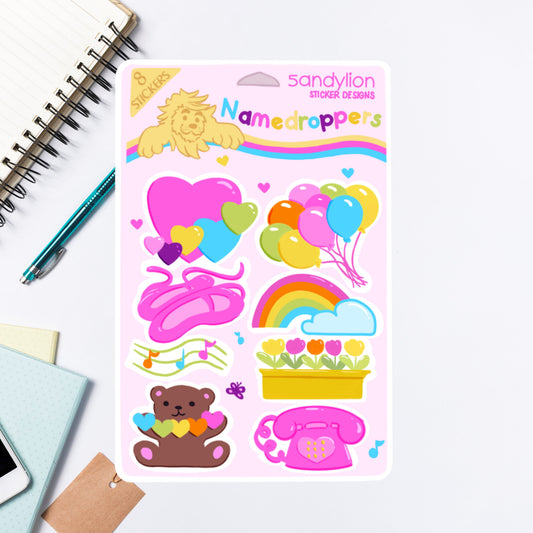 Image of diecut sticker.  Vintage sticker sheet with colorful illustrations on a white background